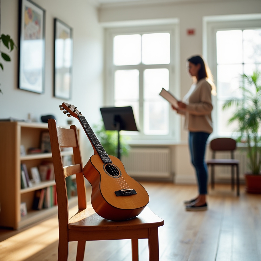Lectie de ukulele intr-o sala luminoasa